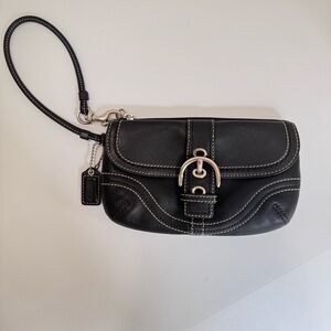 Coach Y2K SoHo Black Leather Silver Buckle Flap, Zip Clutch Wallet Wristlet